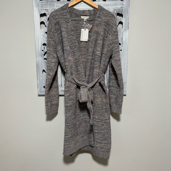 BAREFOOT DREAMS Cozy Chic Heather Pink Clay Gray Marled Tie Midi Robe NWT - Picture 1 of 13